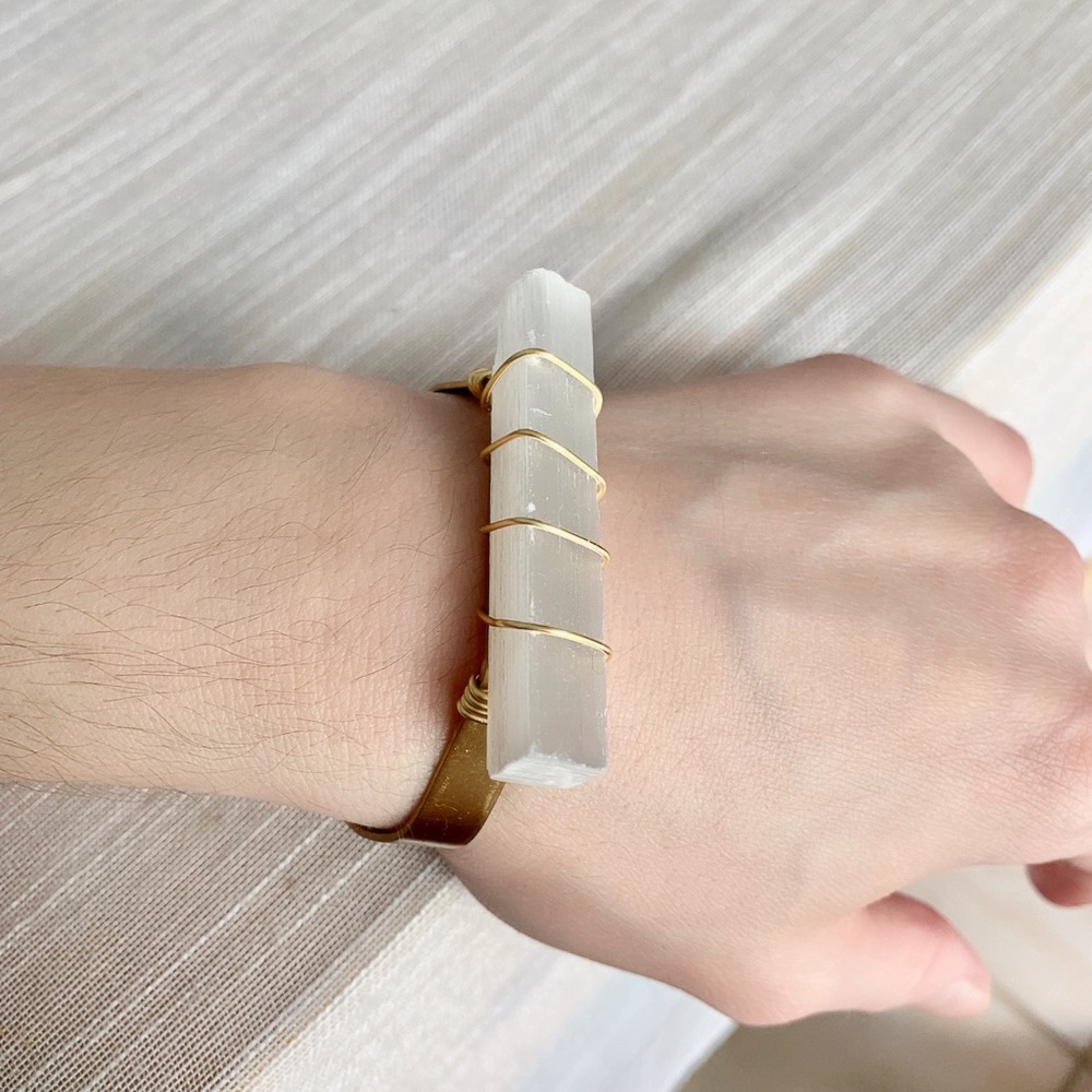 Selenite & Brass Wire Geometric Cuff Bracelet - Picture 4 of 8